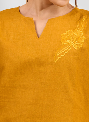 Women's cotton linen yellow embroidered short kurta with pant 5