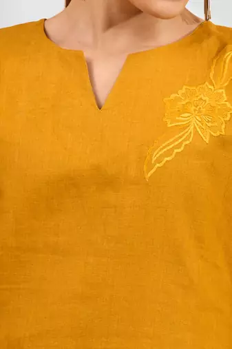 Women's cotton linen yellow embroidered short kurta with pant