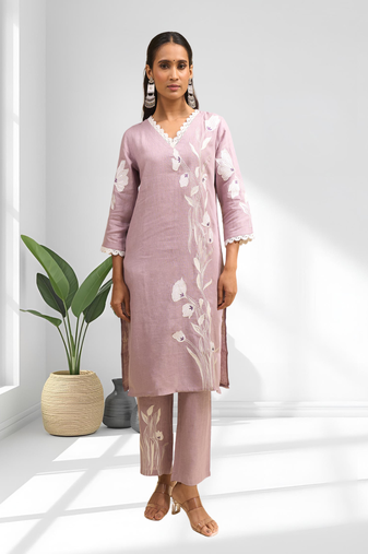 Women's linen pink embroidered long kurta with pant