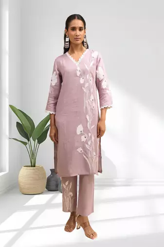 Women's linen pink embroidered long kurta with pant