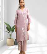 Women's linen pink embroidered long kurta with pant