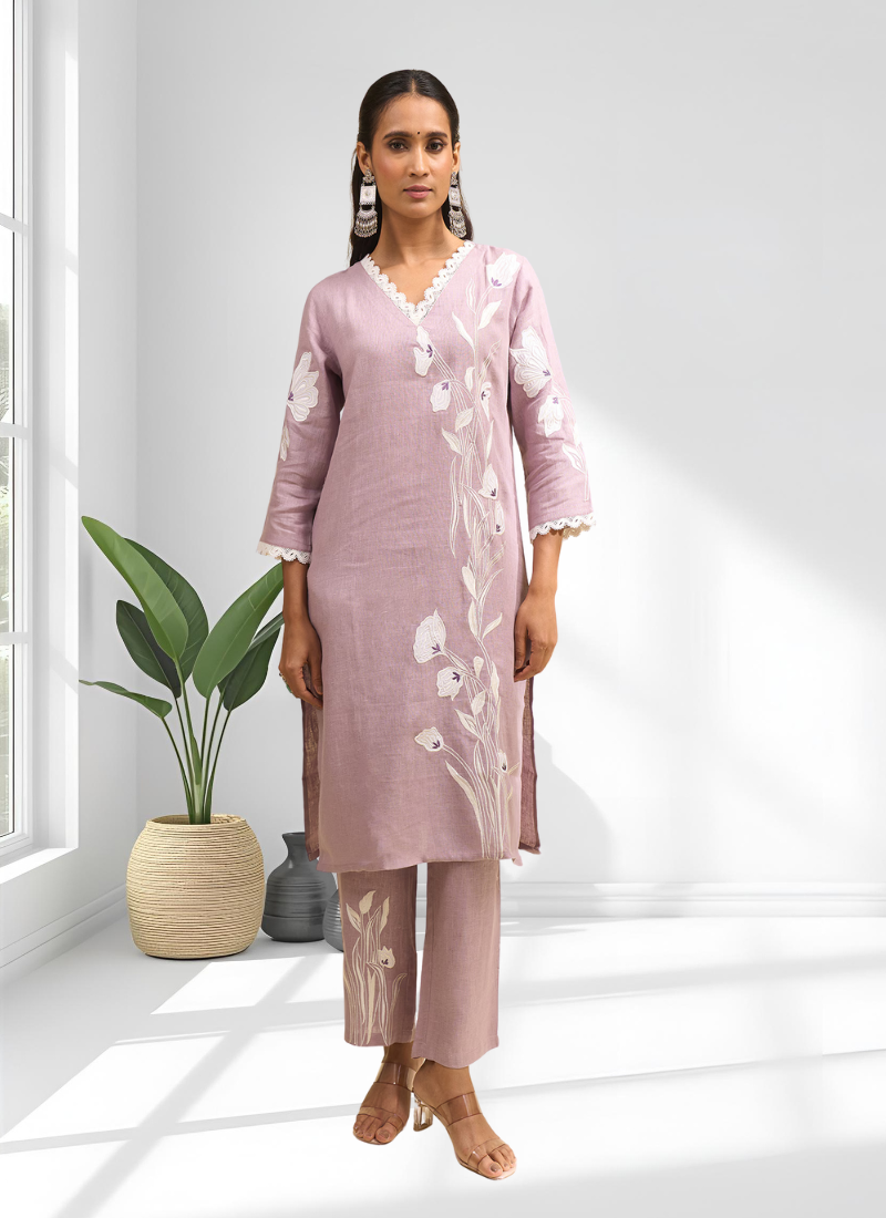 Women's linen pink embroidered long kurta with pant