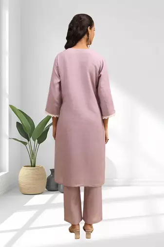 Women's linen pink embroidered long kurta with pant