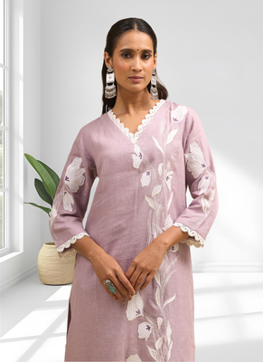 Women's linen pink embroidered long kurta with pant 3
