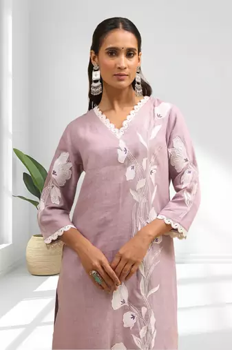 Women's linen pink embroidered long kurta with pant
