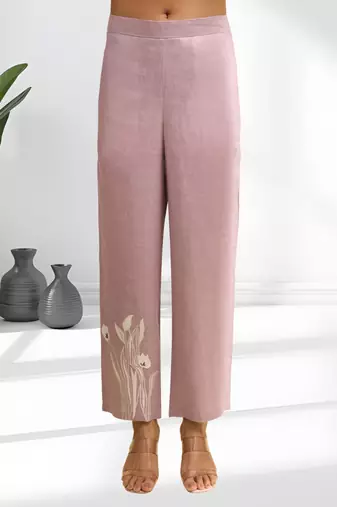 Women's linen pink embroidered long kurta with pant