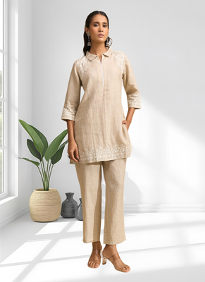 Women's linen beige embroidered short kurta with pant 1