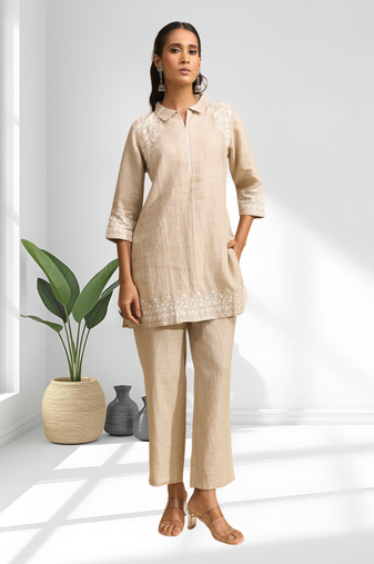 Women's linen beige embroidered short kurta with pant