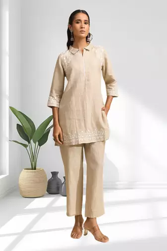 Women's linen beige embroidered short kurta with pant