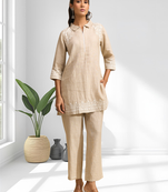 Women's linen beige embroidered short kurta with pant