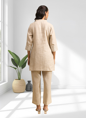 Women's linen beige embroidered short kurta with pant 2