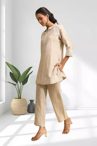Women's linen beige embroidered short kurta with pant