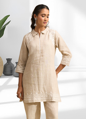 Women's linen beige embroidered short kurta with pant 4