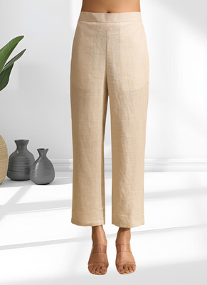 Women's linen beige embroidered short kurta with pant 5