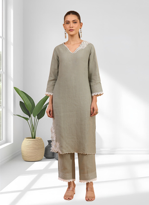 Women's linen gray embroidered long kurta with pant 1
