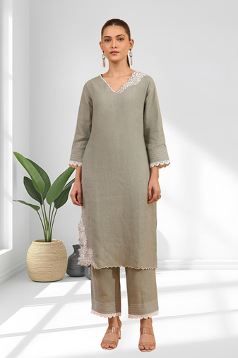 Women's linen gray embroidered long kurta with pant