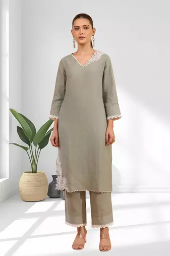Women's linen gray embroidered long kurta with pant