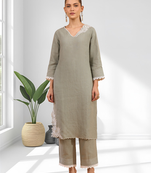 Women's linen gray embroidered long kurta with pant