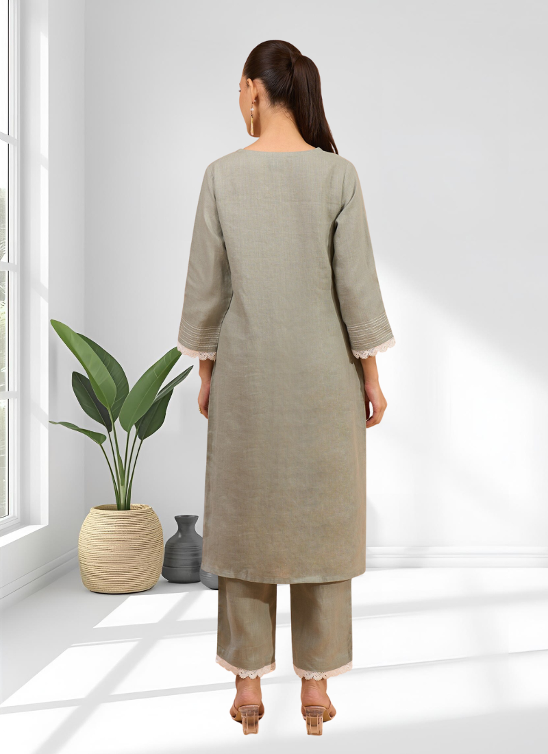 Women's linen gray embroidered long kurta with pant