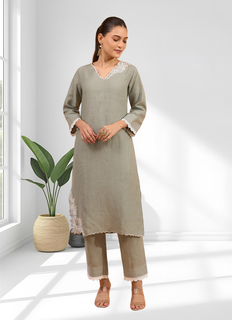 Women's linen gray embroidered long kurta with pant