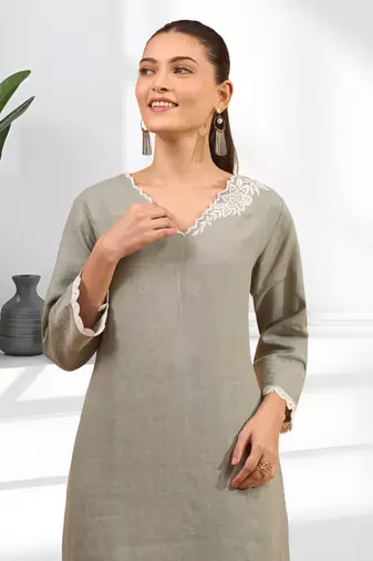 Women's linen gray embroidered long kurta with pant