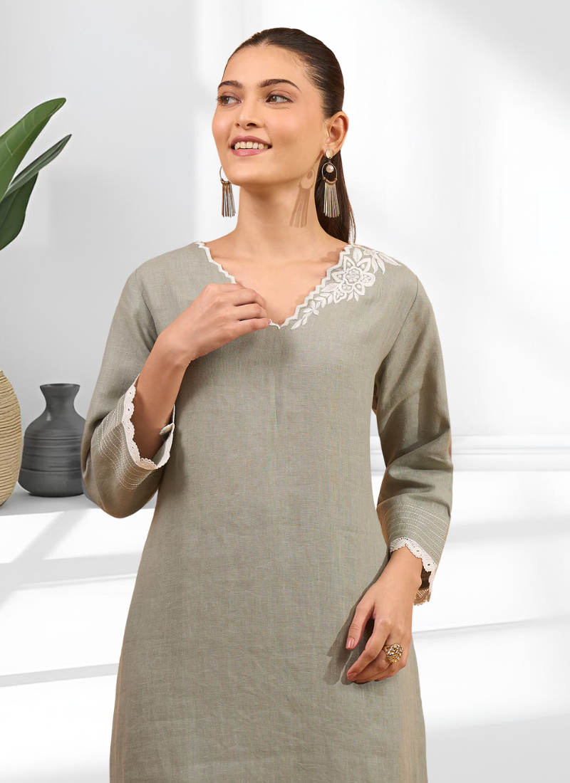 Women's linen gray embroidered long kurta with pant
