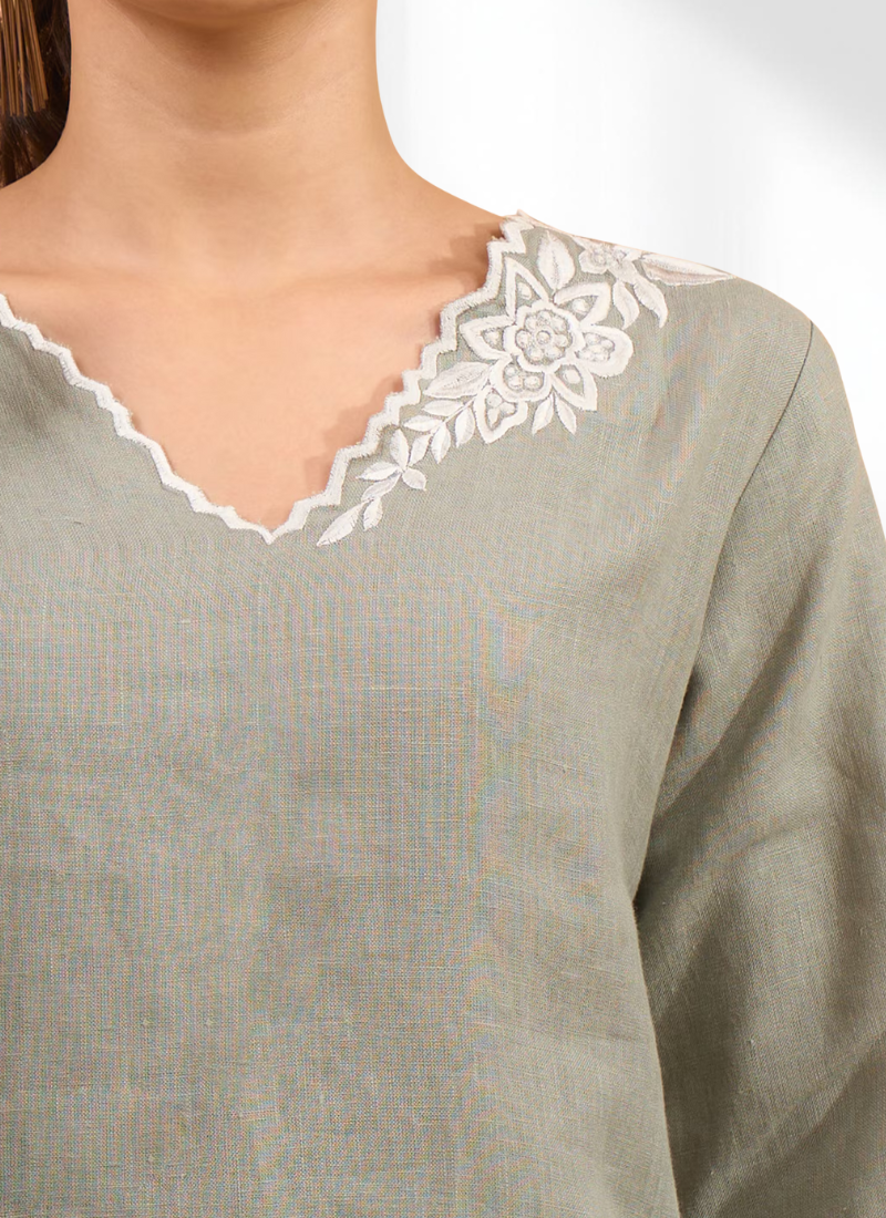 Women's linen gray embroidered long kurta with pant