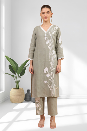 Women's linen gray embroidered long kurta with pant