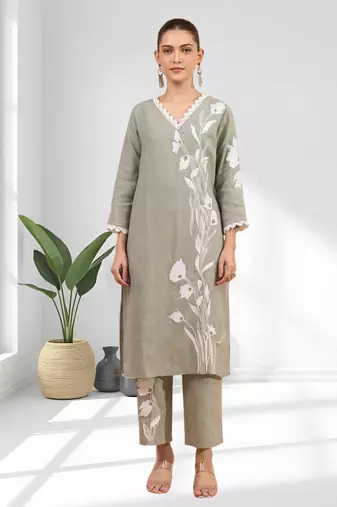 Women's linen gray embroidered long kurta with pant