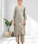 Women's linen gray embroidered long kurta with pant
