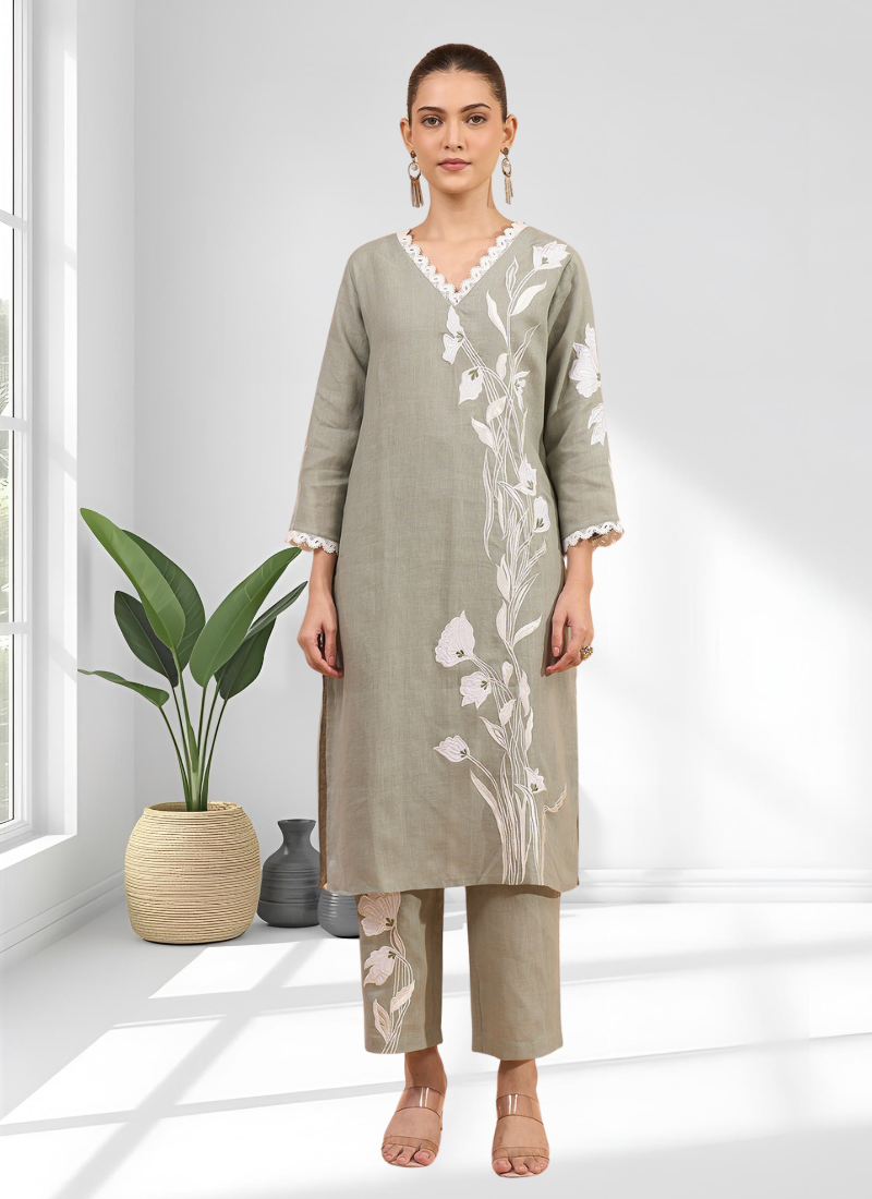 Women's linen gray embroidered long kurta with pant