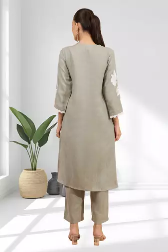 Women's linen gray embroidered long kurta with pant