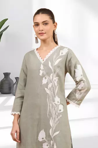 Women's linen gray embroidered long kurta with pant