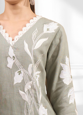 Women's linen gray embroidered long kurta with pant 5