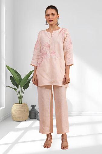 Women's linen pink embroidered short kurta with pant