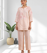 Women's linen pink embroidered short kurta with pant