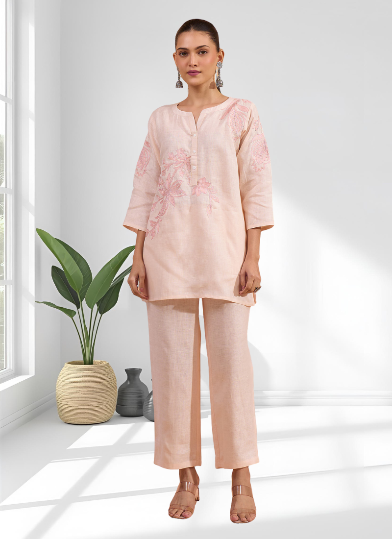 Women's linen pink embroidered short kurta with pant