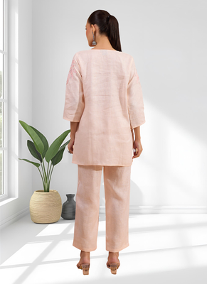 Women's linen pink embroidered short kurta with pant 2