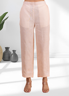 Women's linen pink embroidered short kurta with pant 4