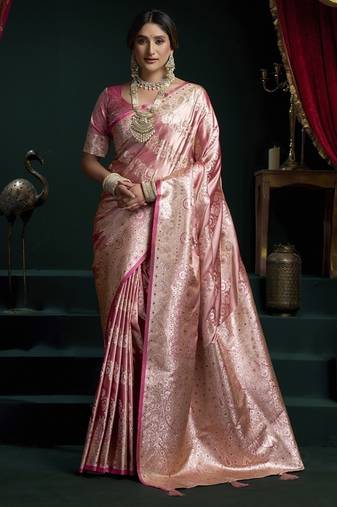 Rose pink banarasi silk saree with zari weaving saree