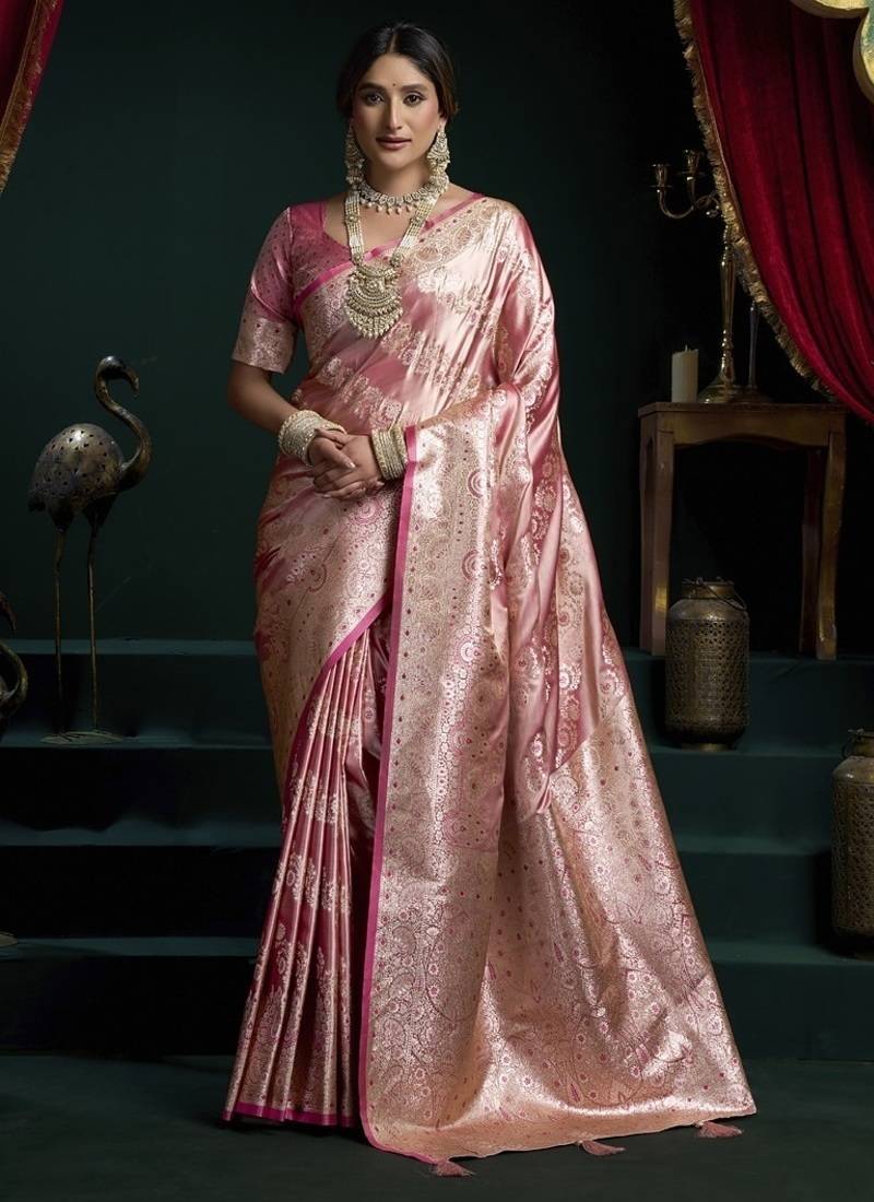 Rose pink banarasi silk saree with zari weaving saree