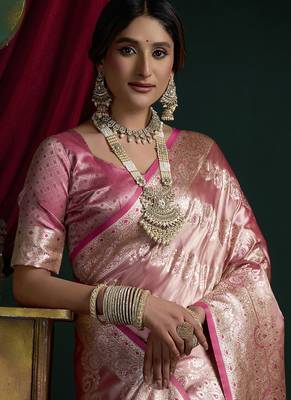 Rose pink banarasi silk saree with zari weaving saree 2