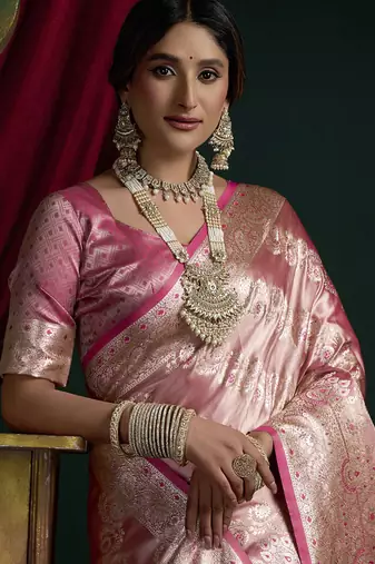 Rose pink banarasi silk saree with zari weaving saree