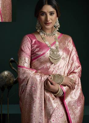 Rose pink banarasi silk saree with zari weaving saree 3