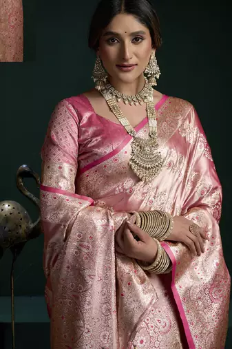 Rose pink banarasi silk saree with zari weaving saree