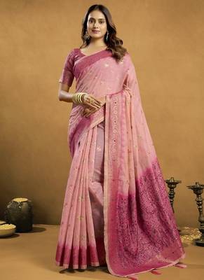 Shaded peach & pink spun cotton zari saree with rich pallu 1