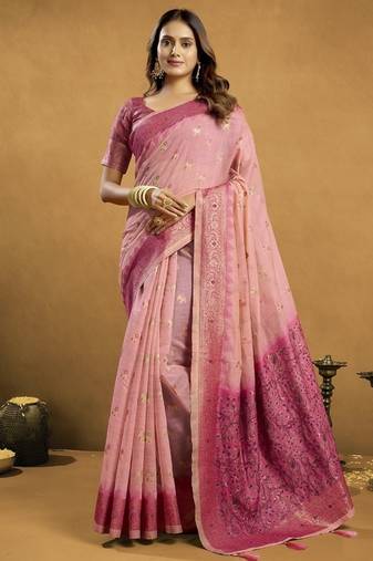 Shaded peach & pink spun cotton zari saree with rich pallu