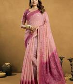 Shaded peach & pink spun cotton zari saree with rich pallu