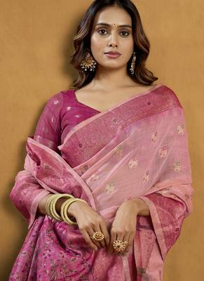 Shaded peach & pink spun cotton zari saree with rich pallu 2