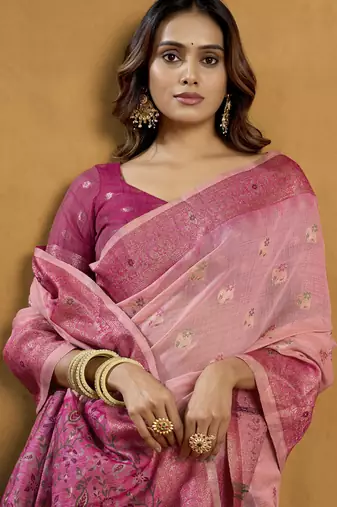 Shaded peach & pink spun cotton zari saree with rich pallu
